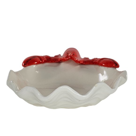 Lobster Dish Bowl Shell Clam Scalloped Red White Ceramic *Chipped* - Picture 3 of 11